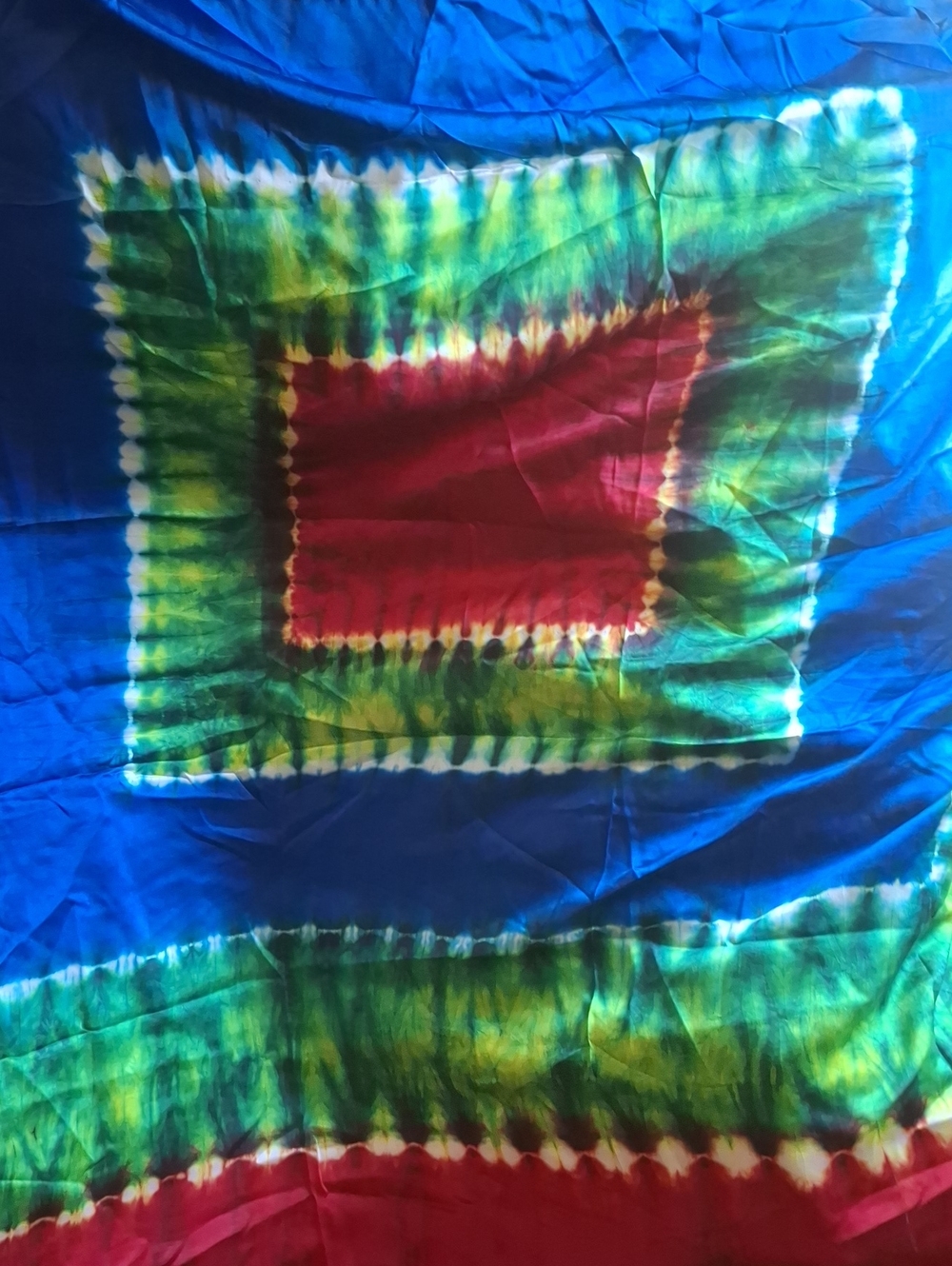 Hand-Dyed Tie-Dye Scarf in Blue, Green & Red